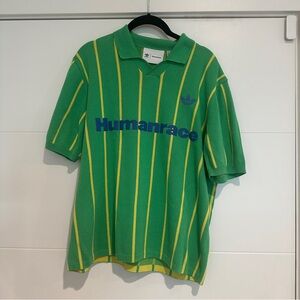 Adidas Polo Pharrell Humanrace Knit Jersey with Green and Yellow Stripes Medium